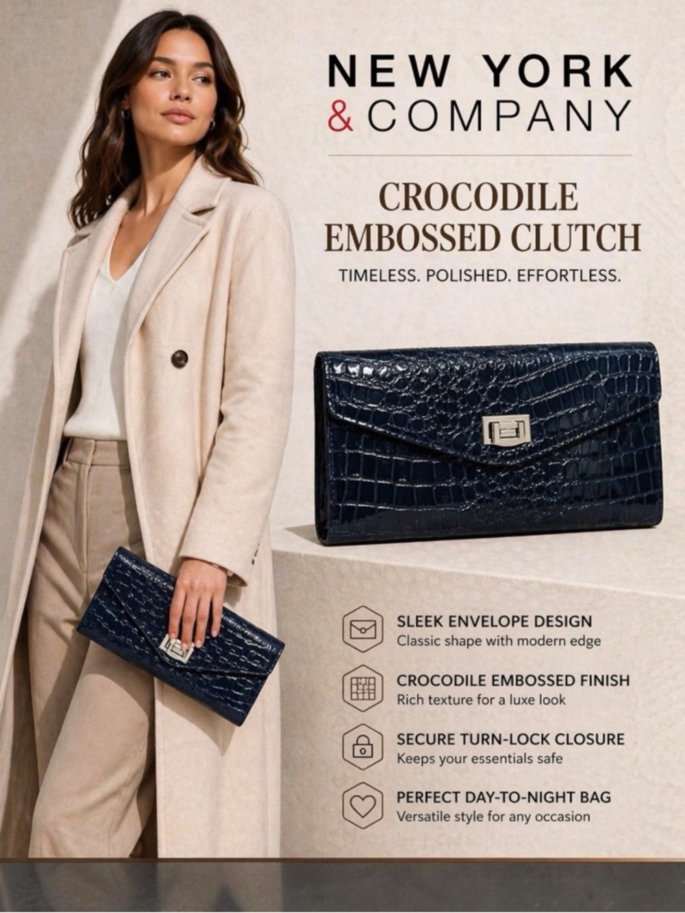 370 New York & Company |NWOT Deep Navy Croc-Embossed Wristlet Clutch (sz 11x6x2)